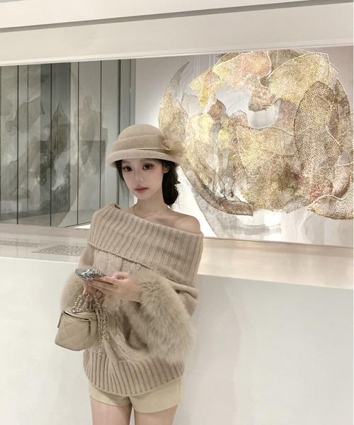 NoBelle ニット セーター ファーオフショルニット トップス レディース