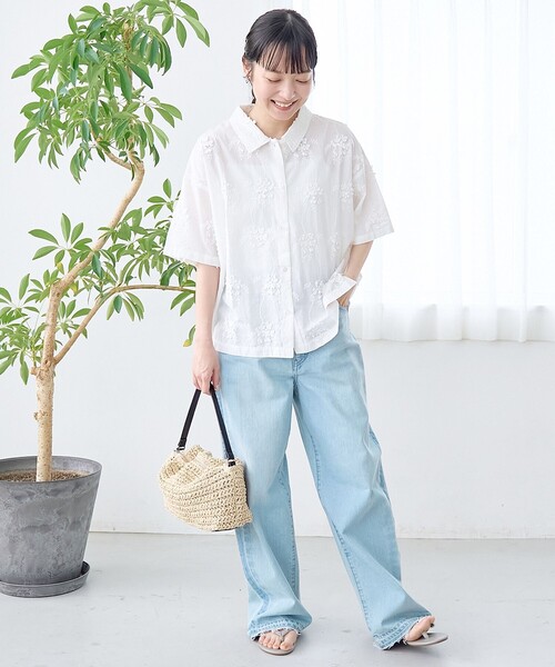 coen（コーエン） ブラウス シャツ 夏 半袖 3Dフラワー刺繍 ハーフ