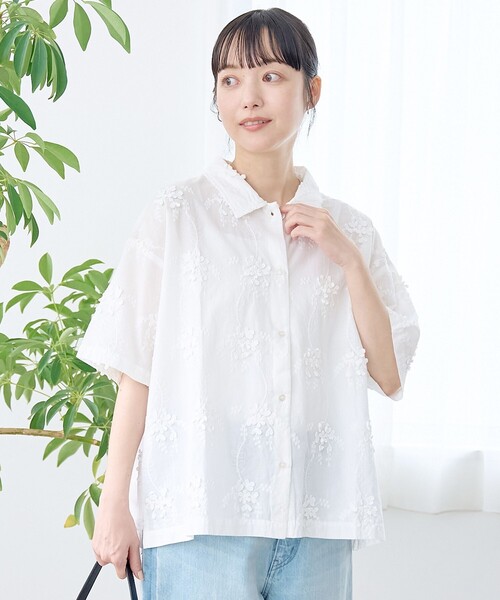 coen（コーエン） ブラウス シャツ 夏 半袖 3Dフラワー刺繍 ハーフ