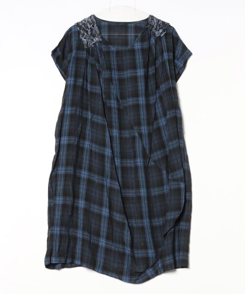 pas de calais」 チェック柄半袖ワンピース 38 ネイビー レディース 