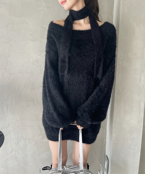 Ada. ワンピース 2WAY ネック シャギー チュニック ニット ミニ