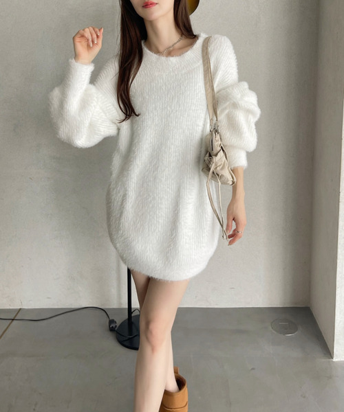 Ada. ワンピース 2WAY ネック シャギー チュニック ニット ミニ
