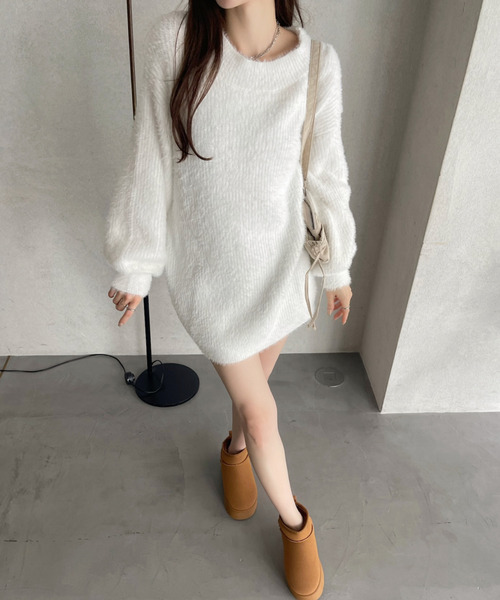 Ada. ワンピース 2WAY ネック シャギー チュニック ニット ミニ 