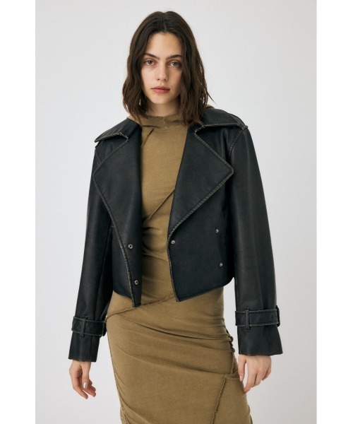 MOUSSY 黒 レザージャケット ショート丈 MOUSSY コート アウター F/LEATHER SHORT TRENCH ジャケット