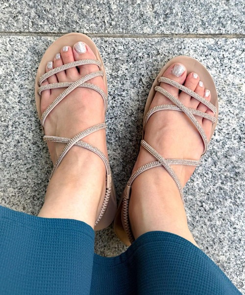 グリーン ストラップサンダル ORiental TRaffic サンダル ラインストーンストラップサンダル