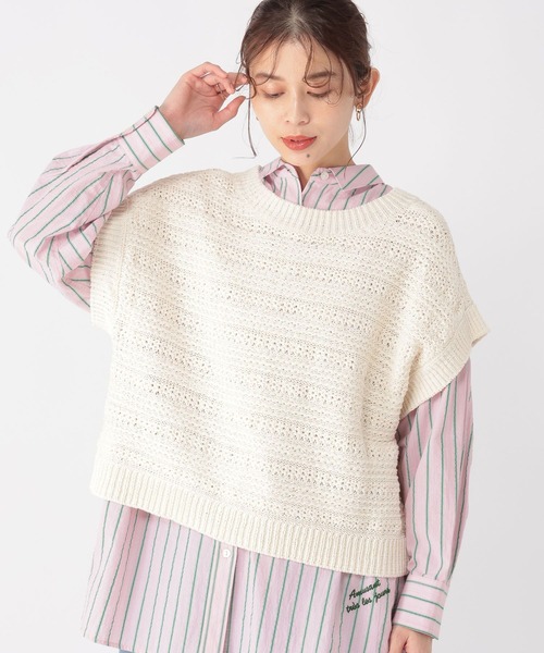 ベスト ジレ 「日本製」コットン コンパクトヤーン ベスト レディース She's Closet ベスト ジレ 深Vネックショート丈ケーブル編み