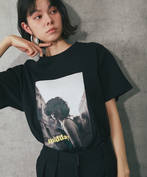 tシャツ 半袖 綿天竺モノクロフォトプリントTシャツ レディース