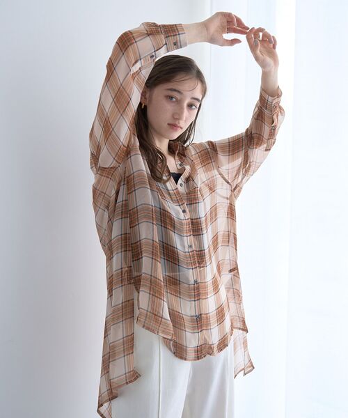 最新作の VECCA YECCA ブラウス シアーチェック柄ロングシャツ シャツ トップス