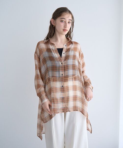 YECCA VECCA ブラウス シャツ シアーチェック柄ロングシャツ