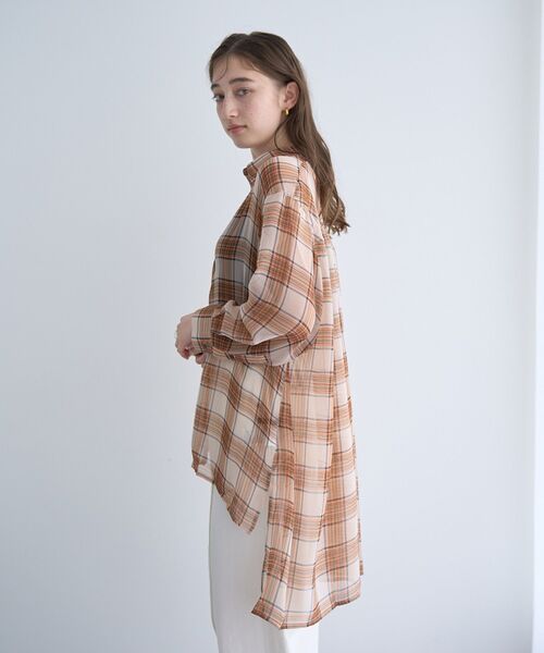 YECCA VECCA ブラウス シャツ シアーチェック柄ロングシャツ