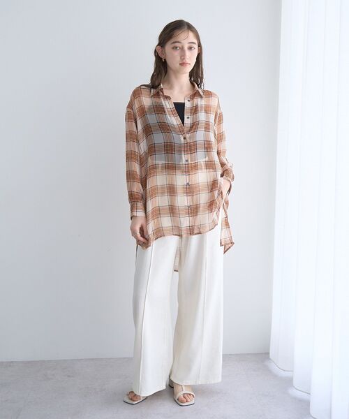 ブラウス シャツ シアーチェック柄ロングシャツ レディース YECCA VECCA ブラウス シャツ シアーチェック柄ロングシャツ