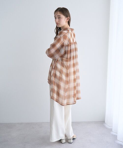 YECCA VECCA ブラウス シャツ シアーチェック柄ロングシャツ