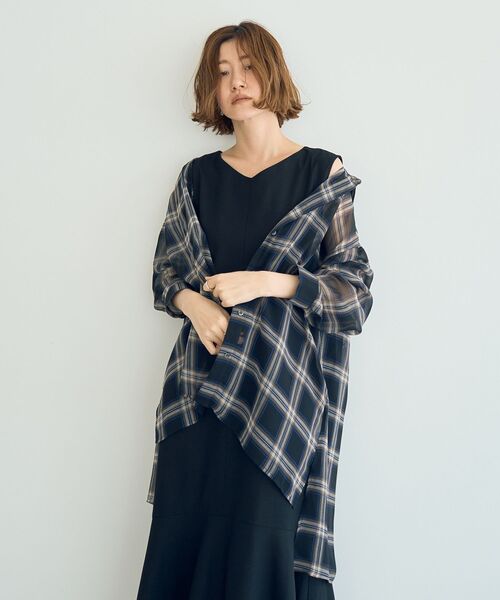 YECCA VECCA ブラウス シャツ シアーチェック柄ロングシャツ