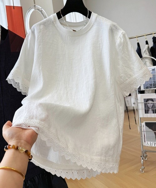 ブラウス シャツ 袖、裾エンブロイダリーレース半袖トップス レディース