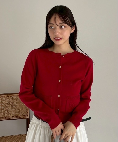 カーディガン ロゴ刺繍ポケットクルーネックカーディガン／ウォッシャブル レディース