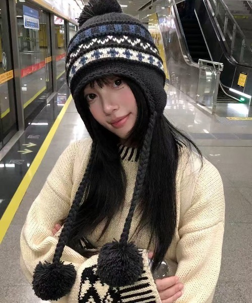 AsRiRe ニット帽 ニットキャップ 25aw ノルディック柄 ポンポンニット