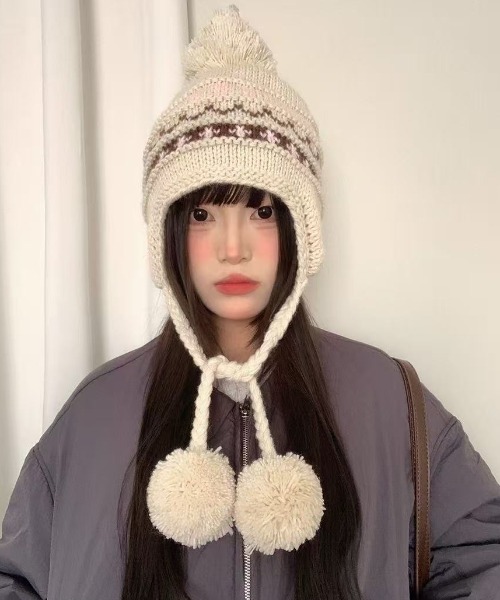 AsRiRe ニット帽 ニットキャップ 25aw ノルディック柄 ポンポンニット