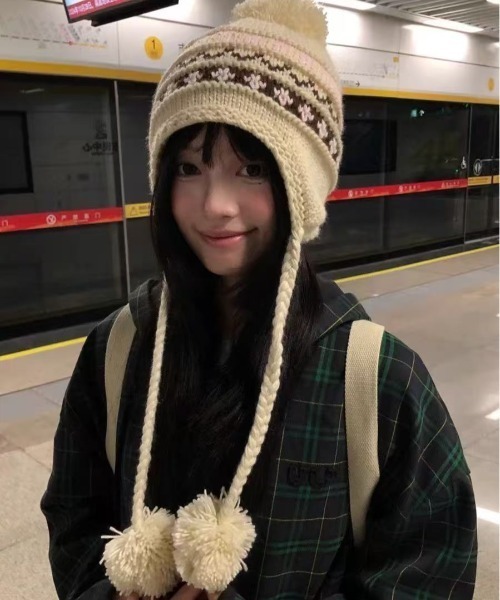 AsRiRe ニット帽 ニットキャップ 25aw ノルディック柄 ポンポンニット