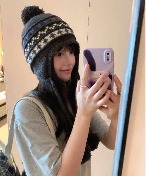 AsRiRe ニット帽 ニットキャップ 25aw ノルディック柄 ポンポンニット