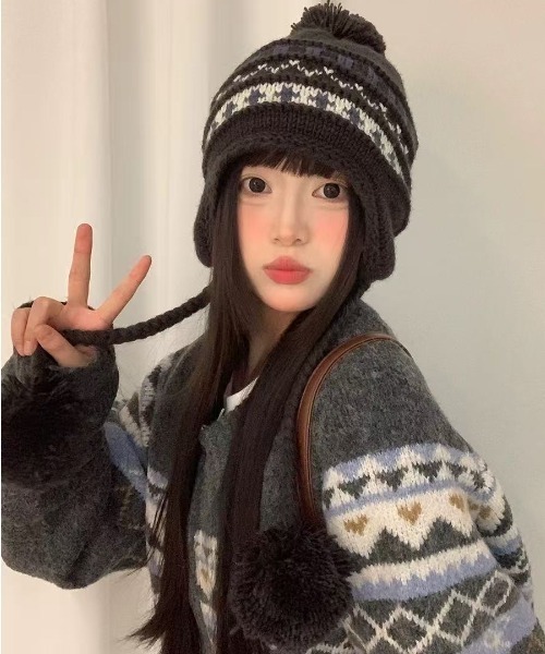 AsRiRe ニット帽 ニットキャップ 25aw ノルディック柄 ポンポンニット