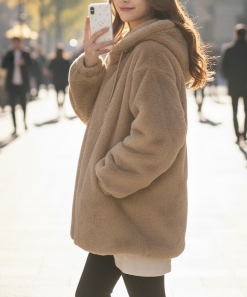 cammie コート アウター フェイクファーフード付きコート レディース