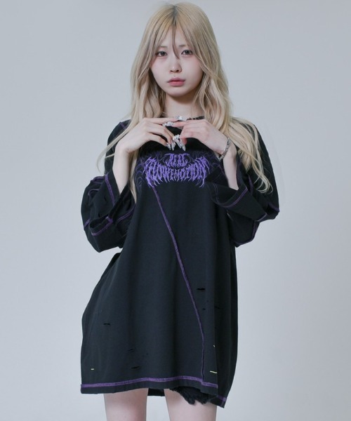 REFLEM（レフレム） 7分袖カットソー FREE ブラック×パープル