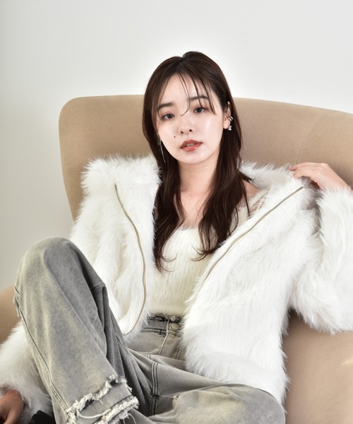 ヤマダヤ フェイクファーフードショートブルゾン 新品】ヤマダヤMEDOCoriginal フェイクファーフードショートブルゾン