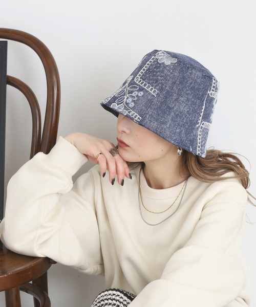 帽子 ハット サイドレース刺繍デニムバケットハット レディース