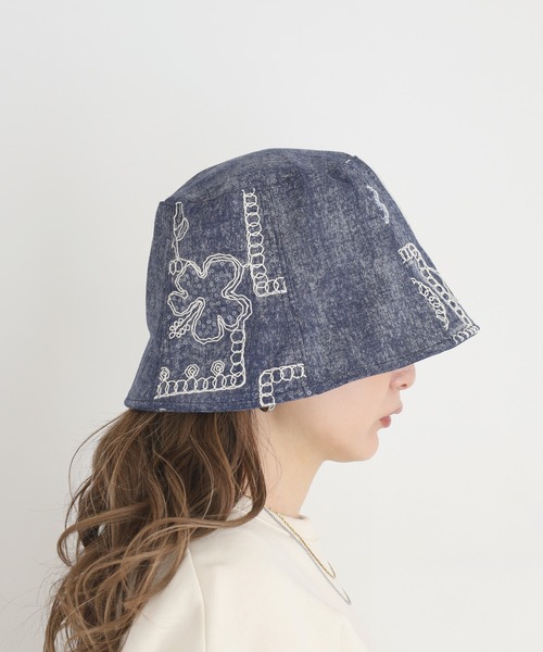 帽子 ハット サイドレース刺繍デニムバケットハット レディース