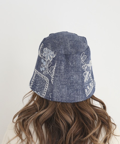 帽子 ハット サイドレース刺繍デニムバケットハット レディース