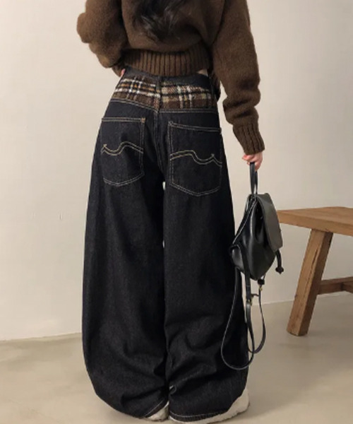ワイドパンツ ジーンズ デニム デニムパンツ チェック切替 裏起毛