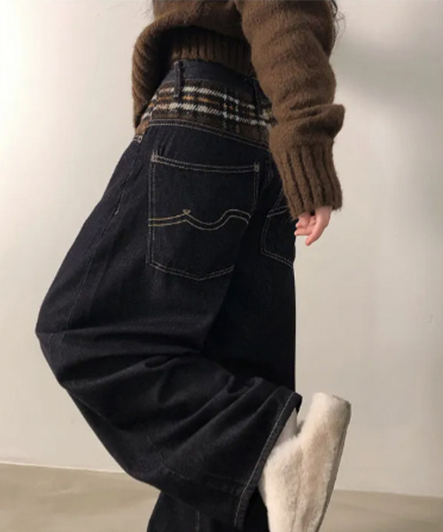 ワイドパンツ ジーンズ デニム デニムパンツ チェック切替 裏起毛