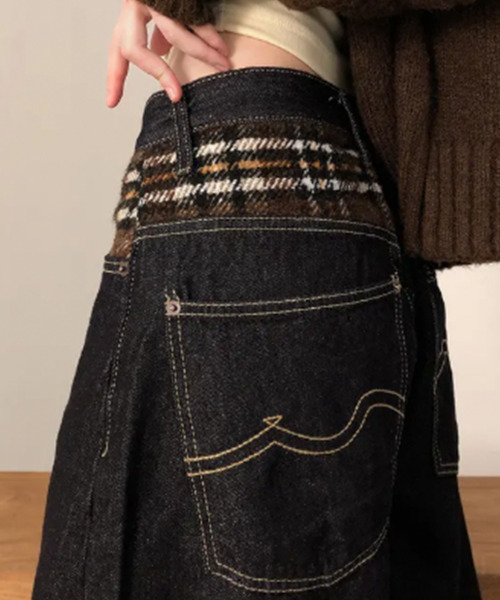 ワイドパンツ ジーンズ デニム デニムパンツ チェック切替 裏起毛