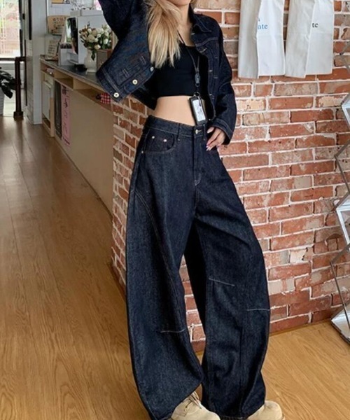 セットアップ クロップド デニムジャケット ワイドパンツ レディース