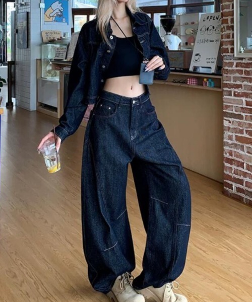 セットアップ クロップド デニムジャケット ワイドパンツ レディース