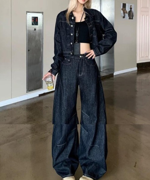   Jeans クロップドデニムジャケット XS ブラック セットアップ クロップド デニムジャケット ワイドパンツ レディース