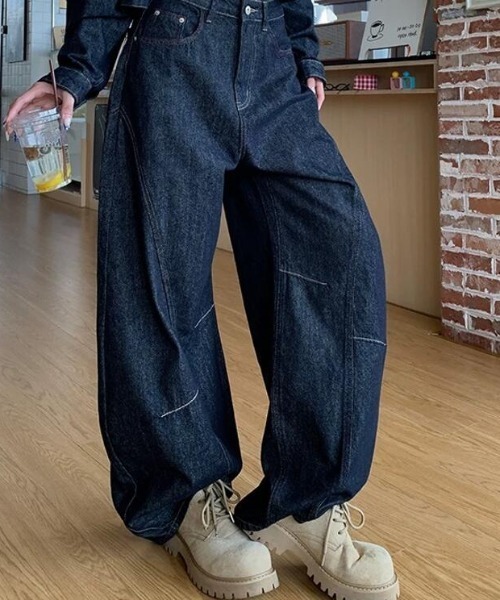 ダークデニム クロップドジャケット ワイドパンツセット セットアップ クロップド デニムジャケット ワイドパンツ レディース