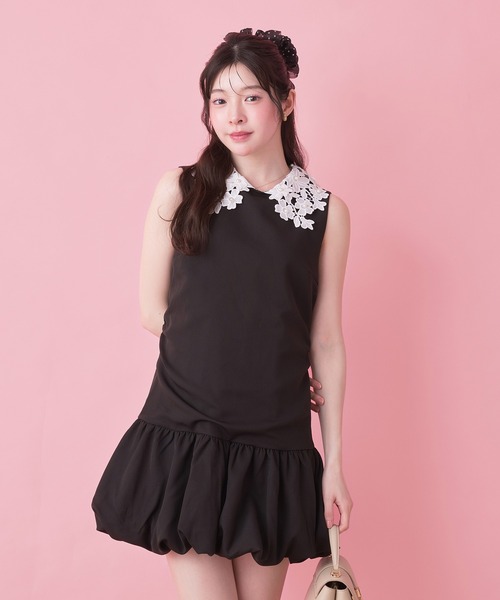d.i.aフラワー柄ミニバルーンベアトップワンピ 襟付き ブルー ギャル fupel ワンピース flower lace collar balloon onepiece / フラワー