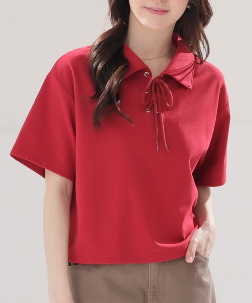 ドット柄襟付き レースアップ 半袖トップス Honeys（ハニーズ） tシャツ 半袖 レースアップトップス レディース
