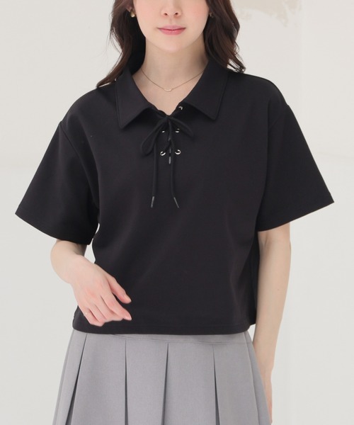 aliceauaa レースアップ 半袖カットソー ブラック Honeys（ハニーズ） tシャツ 半袖 レースアップトップス レディース