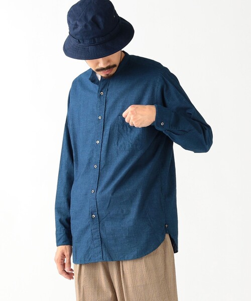 シャツ BEAMS PLUS / インディゴ シャンブレー バンドカラー シャツ 