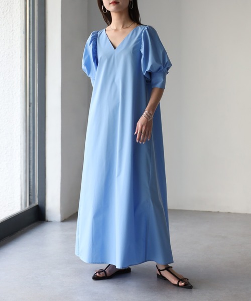 SUM1 STYLE パフスリーブ Vネック ロングワンピース ブルー Riberry（リベリー） ワンピース Vネックパフスリーブワンピース「無地