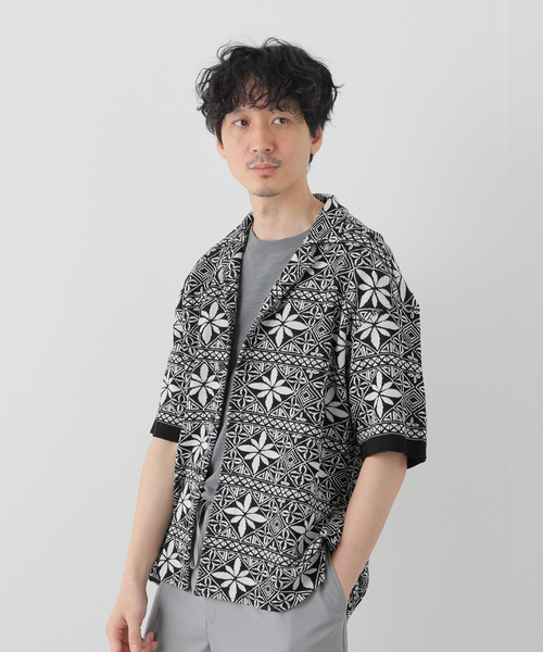 【美品】EDIFICE avancerオープンカラージャカードニットシャツ白黒Ｌ EDIFICE（エディフィス） シャツ ブラウス 【avancer / アボンシェル