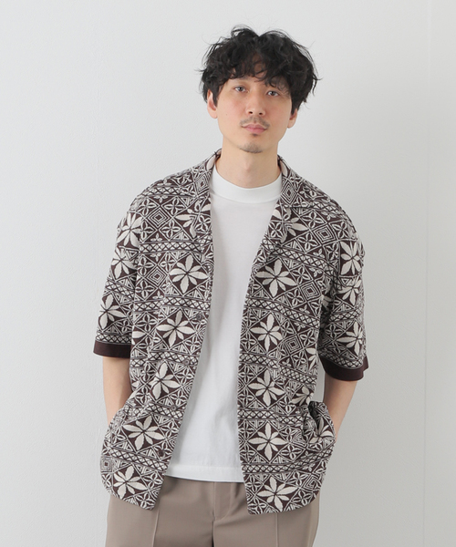 【美品】EDIFICE avancerオープンカラージャカードニットシャツ白黒Ｌ EDIFICE（エディフィス） シャツ ブラウス 【avancer / アボンシェル