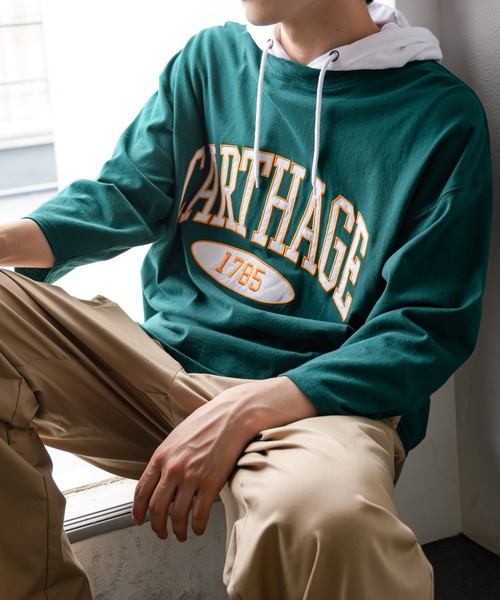 NAVY パーカー カレッジロゴワッペンフェイクレイヤードパーカー