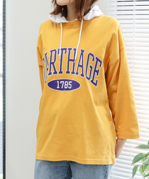NAVY パーカー カレッジロゴワッペンフェイクレイヤードパーカー