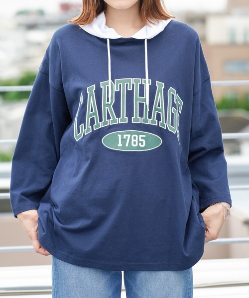 NAVY パーカー カレッジロゴワッペンフェイクレイヤードパーカー