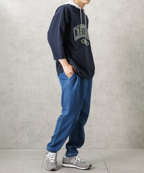 NAVY パーカー カレッジロゴワッペンフェイクレイヤードパーカー