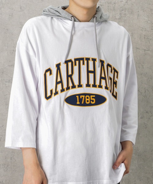 NAVY パーカー カレッジロゴワッペンフェイクレイヤードパーカー
