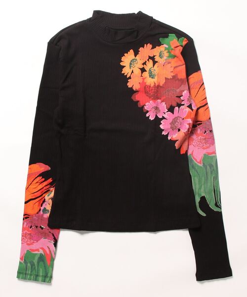 デシグアル Desigual 花柄 リブ編みTシャツ （ブラック） デシグアル Desigual 花柄 リブ編みTシャツ （ブラック
